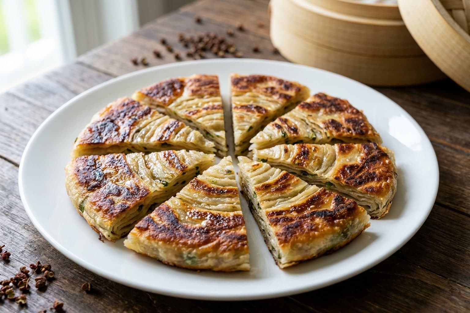 Knusprige Frühlingszwiebel-Pfannkuchen (Cōng Yóu Bǐng)